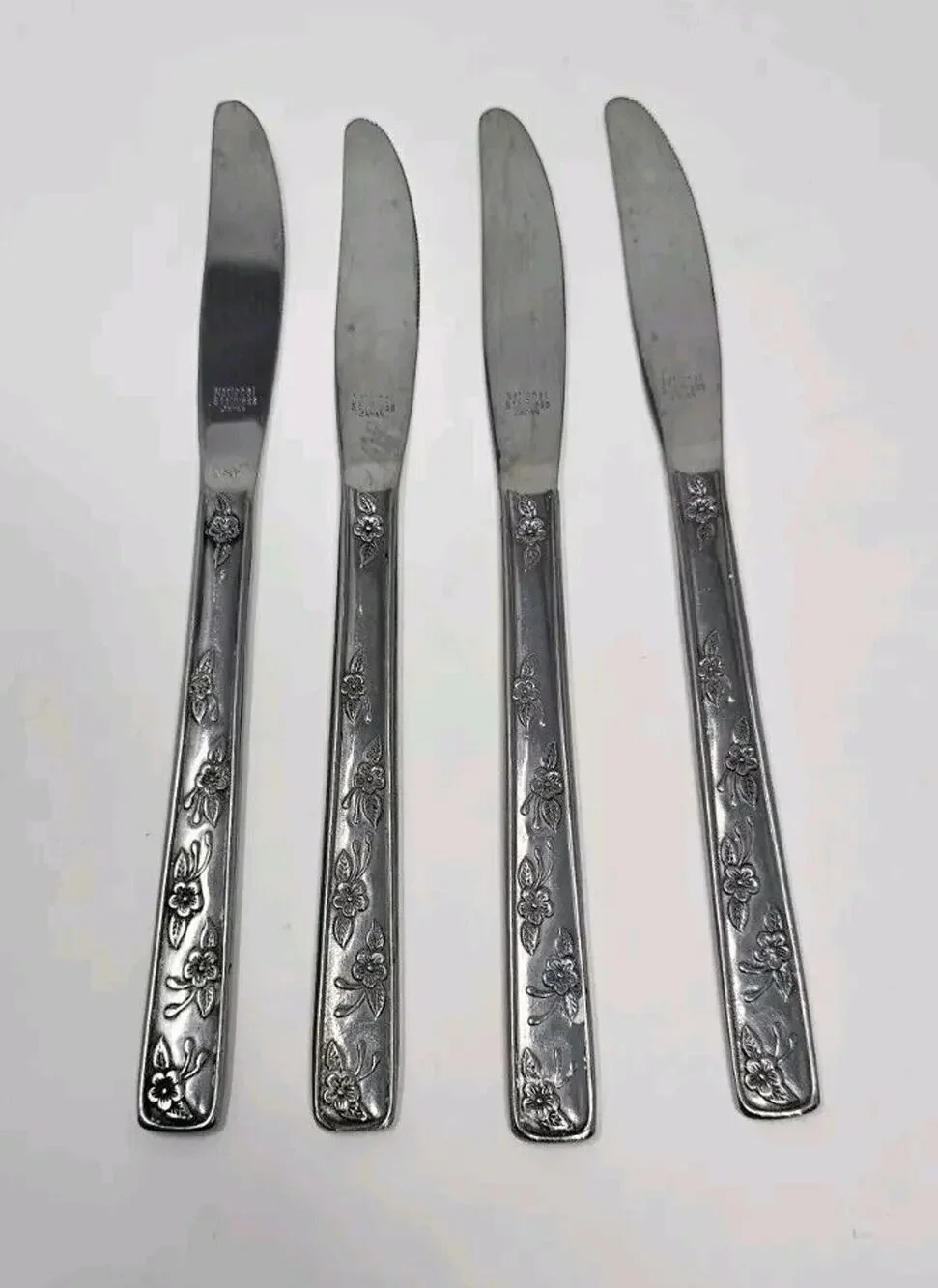 4 Vintage National Stainless Dinner Knives Floral Rare Print Japan Knife Flatwar